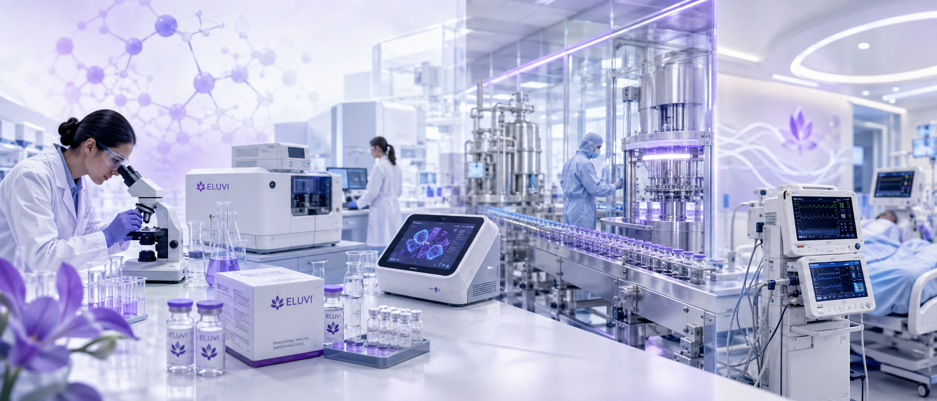 Modern ELUVI pharmaceutical environment featuring a laboratory, manufacturing line, medical equipment and research workflows